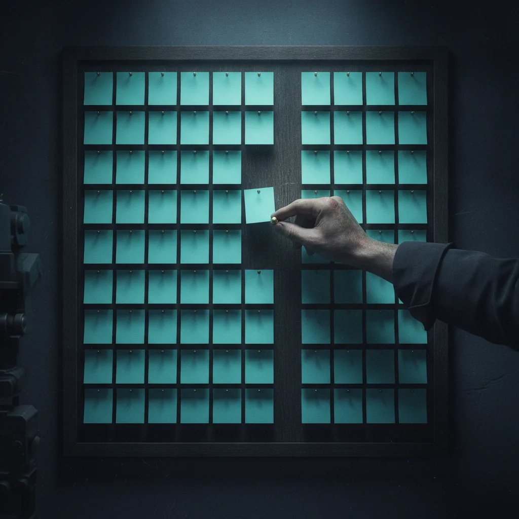 Hand pinning a teal job card onto a nearly full scheduling board