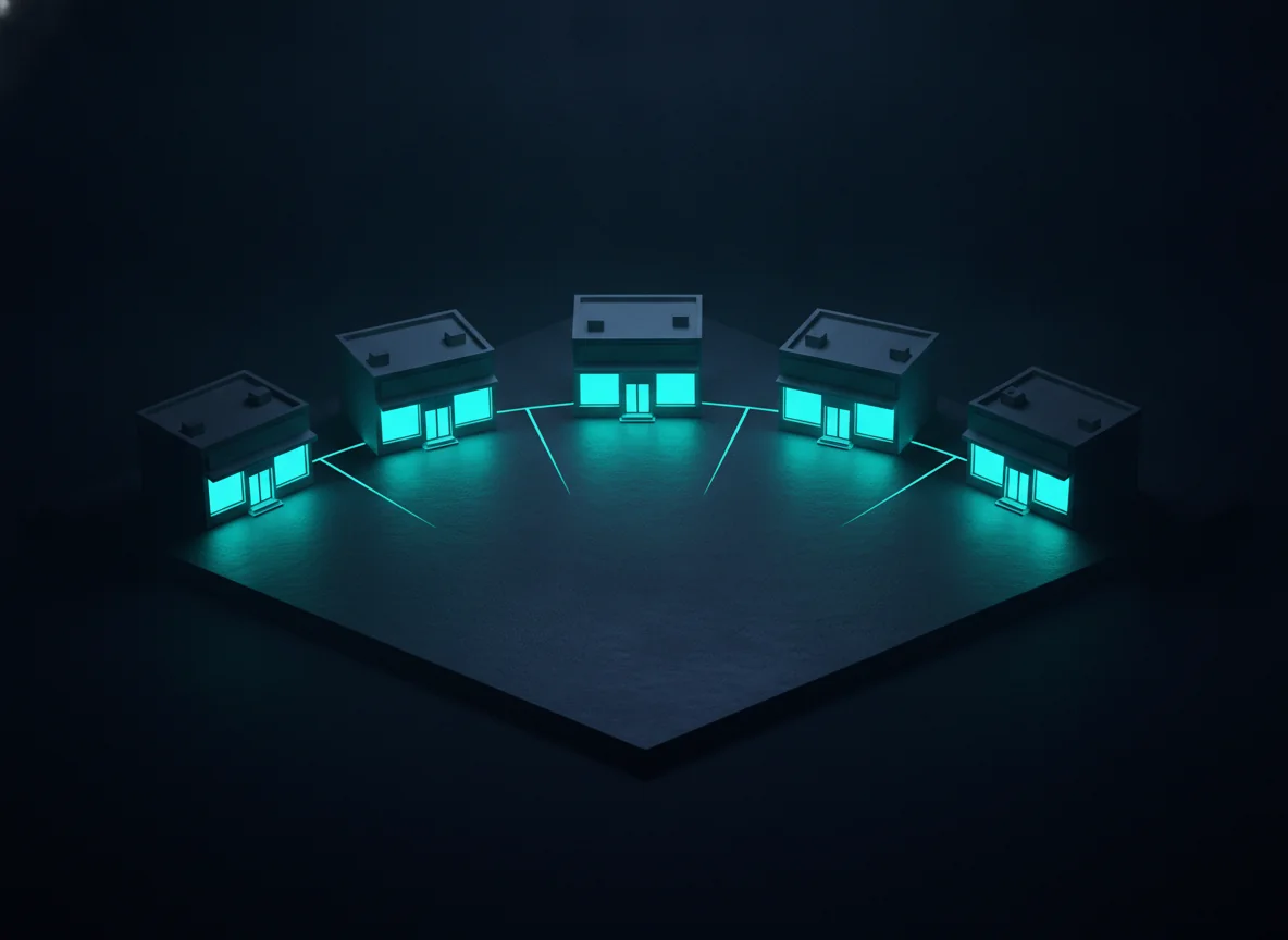 Night diorama of identical storefronts all glowing with the same teal light, connected into one network