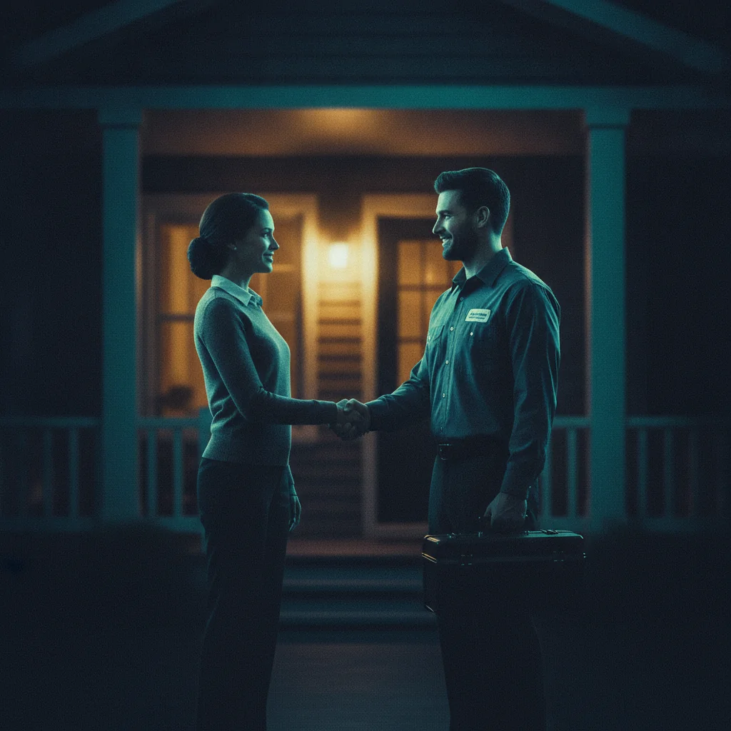 Service technician shaking hands with a homeowner in front of a porch at dusk