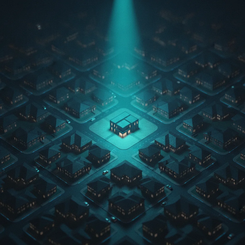 Aerial night view of a neighborhood with one business building lit by a teal spotlight beam