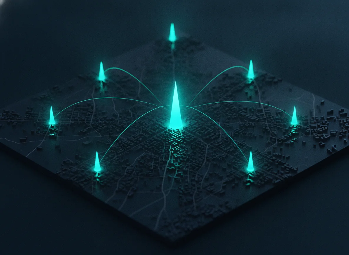 Dark map diorama with teal beacons rising from several districts, connected to one central beacon
