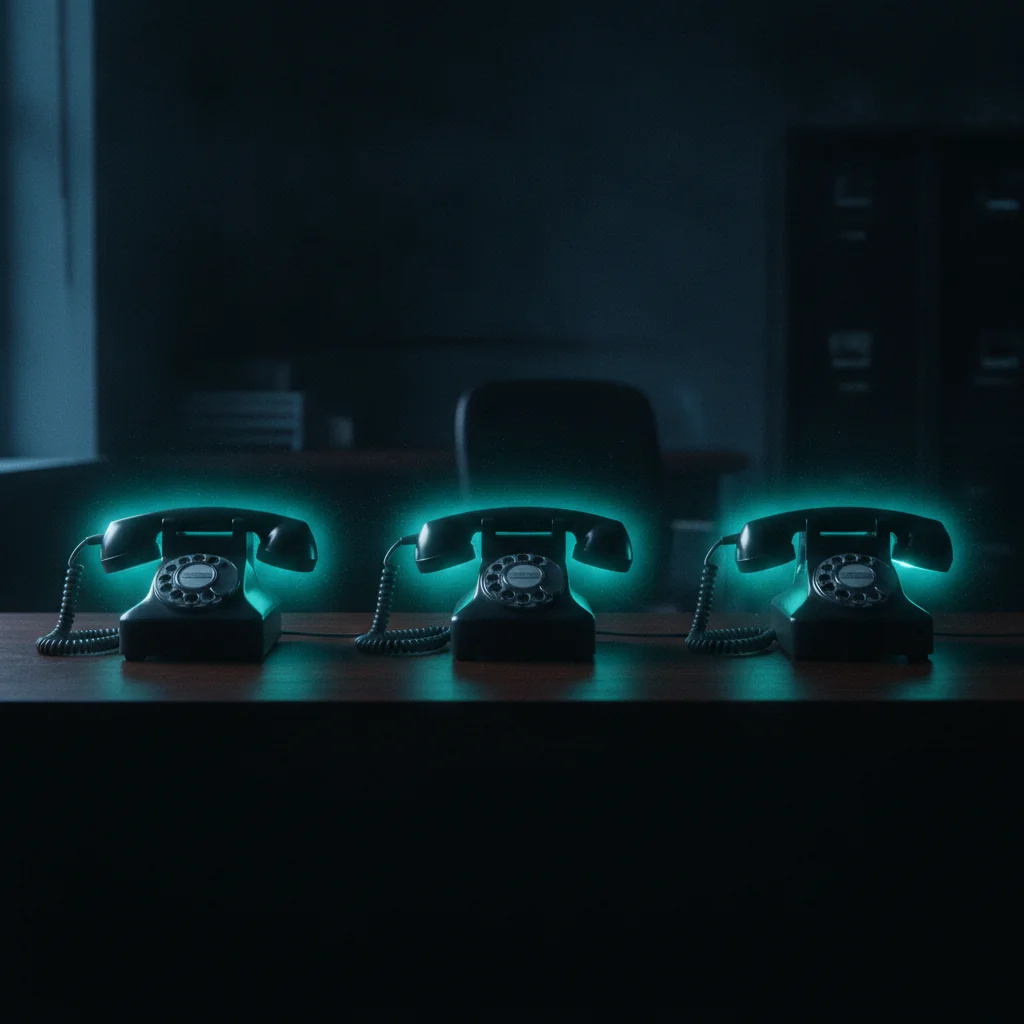 Three phones on a desk glowing teal in a dark office, ready to ring