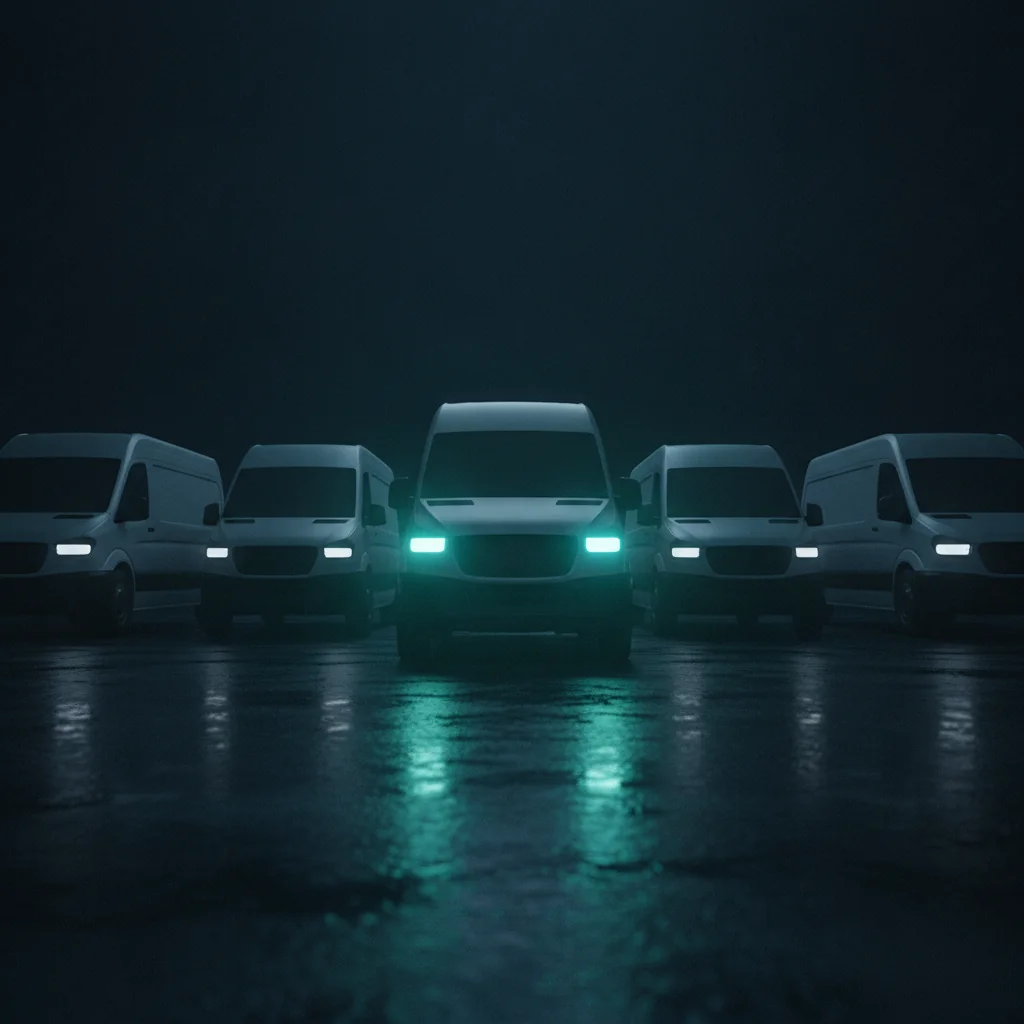 One service van with glowing teal headlights standing out from a row of identical vans at night