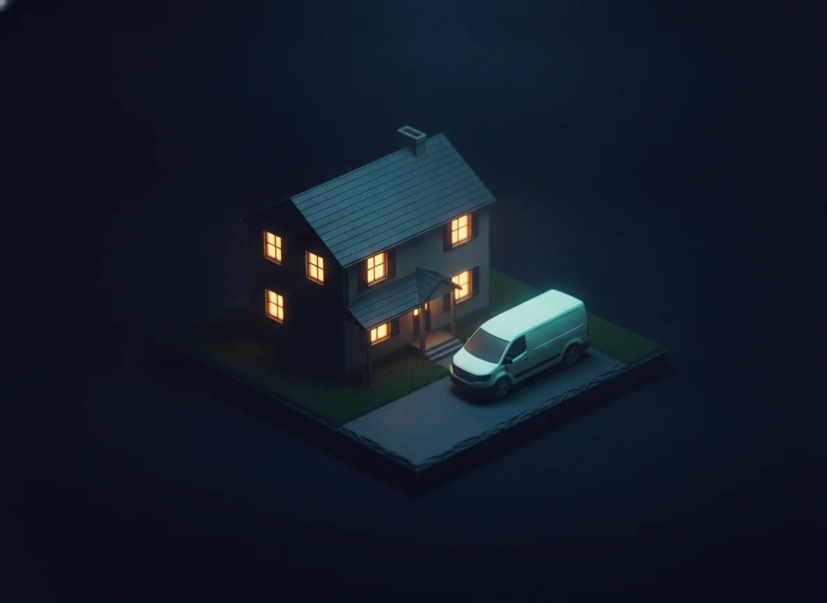 Miniature diorama of a suburban house at night with warm lit windows and a white service van parked in the driveway